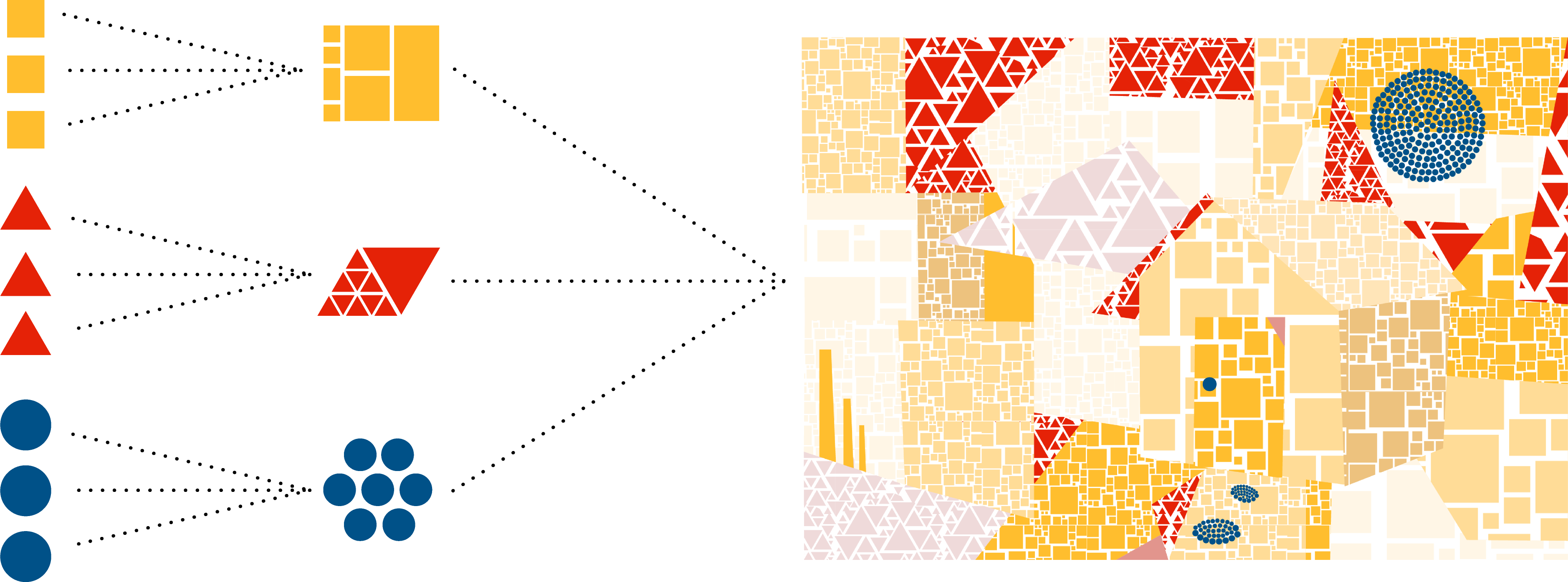 A mosaic of different colors and shapes with three sections pulled out, magnified, and put together in tidy shapes.