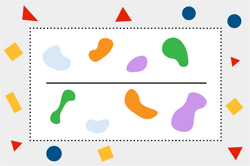 A magnification on the rectangle in the previous section with the focus on the central rectangle that contains shapes of similar, squiggly type and color profile.