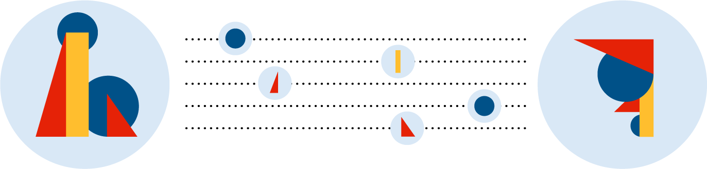A collection of shapes is grouped together on the left side of the illustration. On the right side, the same collection of shapes is grouped together in a different way. Individual shapes are placed along dotted lines in between the two stacks, seeming to move between the stacks.
