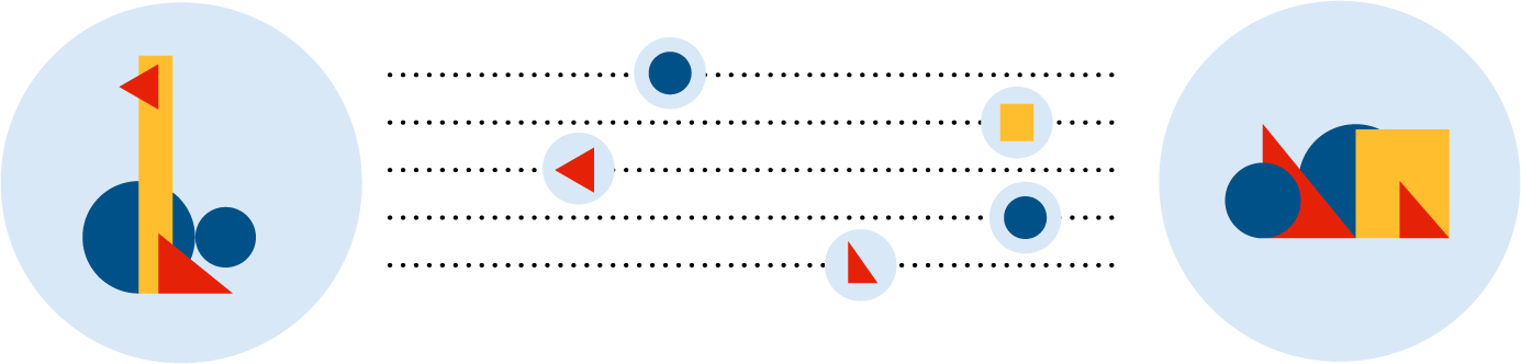 A different version of the previous illustration. In this, different stacks on the left and right with other, individual shapes moving between