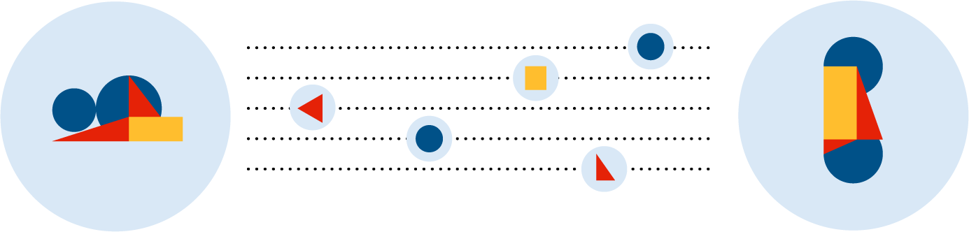 A third version of the previous illustration. In this, different stacks on the left and right with other, individual shapes moving between