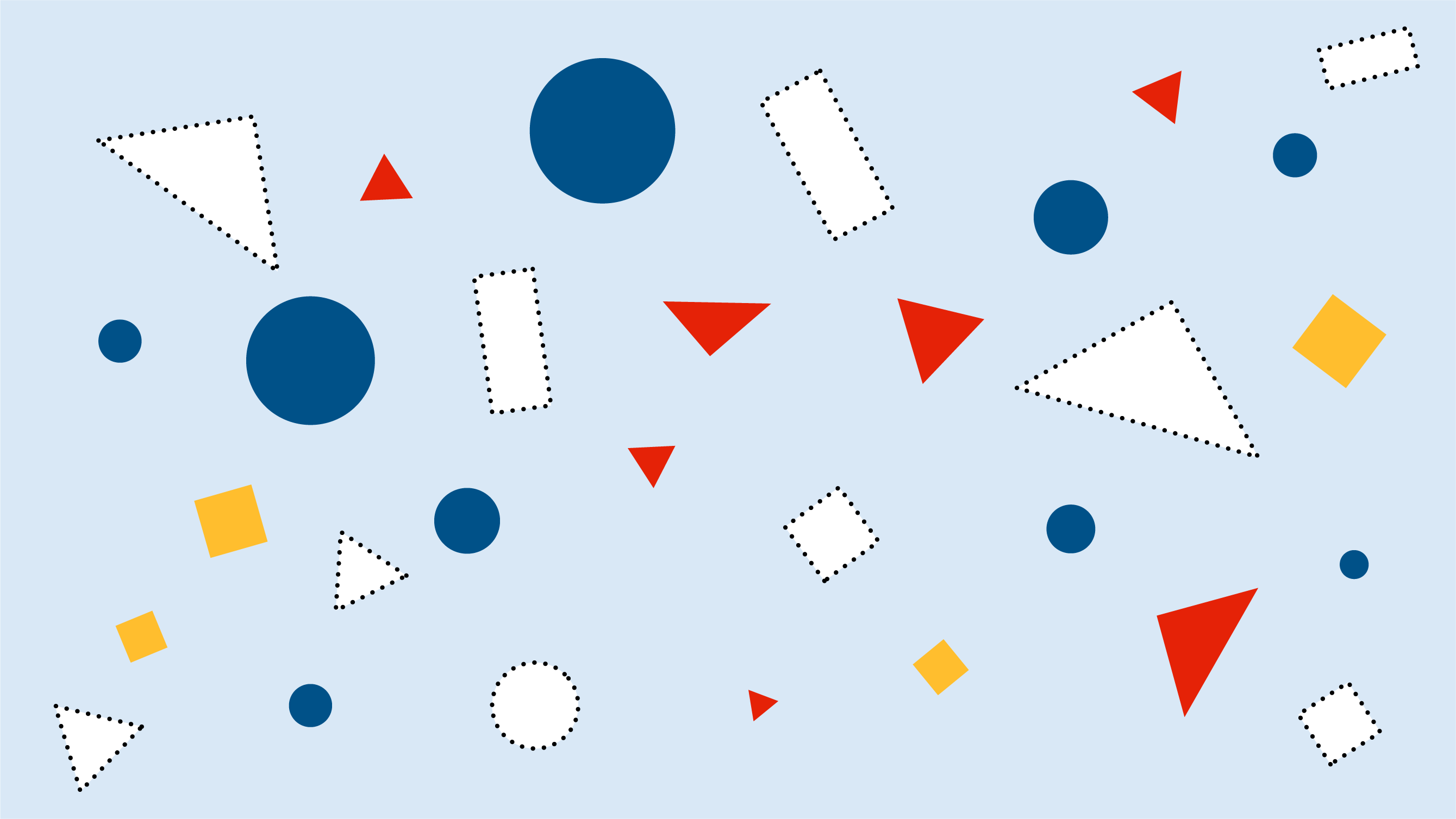 A collection of shapes inside the original, big rectangle. Some shapes are grayed out and have questions marks in them, indicating that their data has not yet been found.