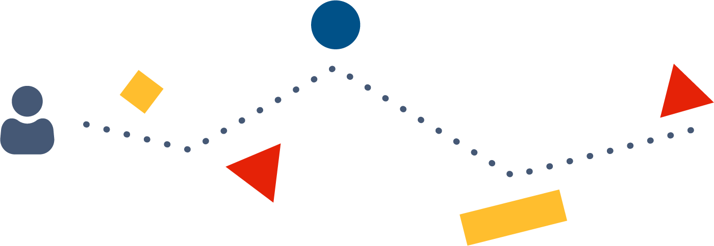 An illustration with a humanoid figure on the left and a dotted line extending from the figure out to the right side of the screen. Floating randomly along the dotted line are a yellow square, a red triangle, a blue circle, a yellow rectangle, and another red triangle.