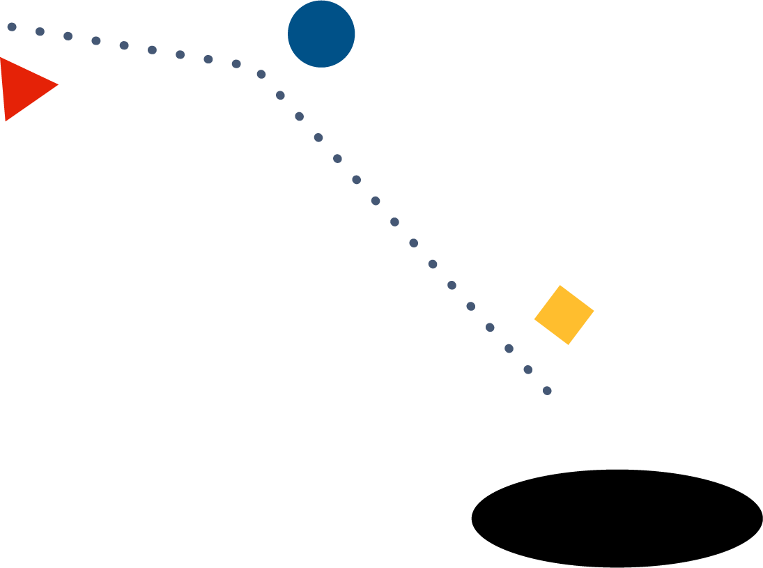 An illustration with a large, black oval in the left hand foreground. A red triangle, a blue circle, and a yellow square appear to be falling into the black oval.
