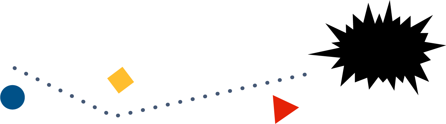 An illustration with a black, irregular, and pointy splotch on the left side. A blue circle, yellow square, and red triangle appear to be moving across the screen from left to right, towards the black splotch.