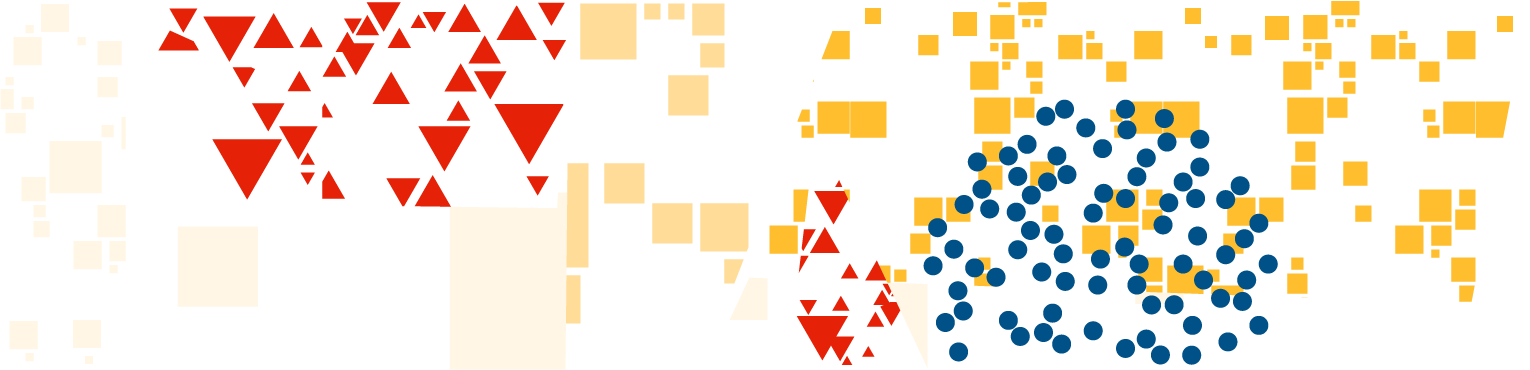 An illustration of many red triangles, blue circles, and gold rectangles arranged in rough clumps. The clumps are scattered randomly inside a large rectangle.